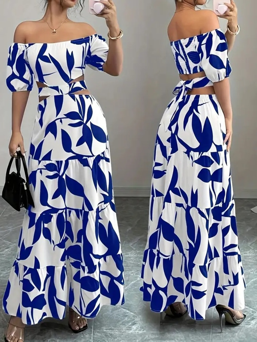 Women's Off-Shoulder Blue & White Floral Maxi Dress